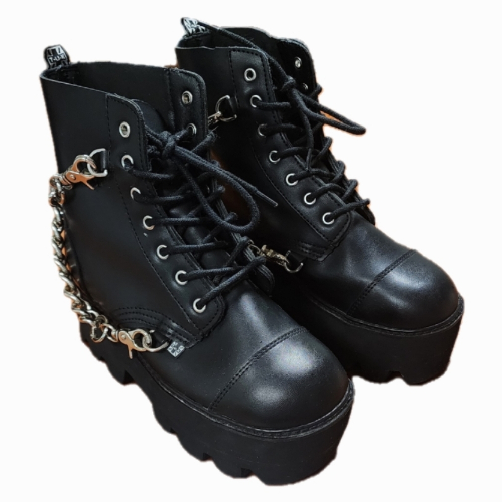 Black Platform Lace-Up Ankle Boots with Chain Detail